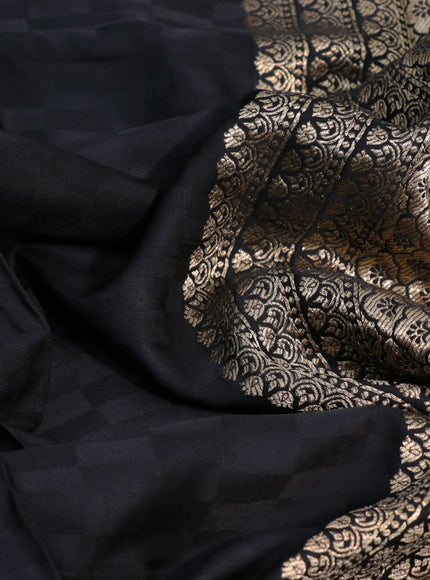 Mushru silk saree black with allover self emboss and peacock zari woven butta border