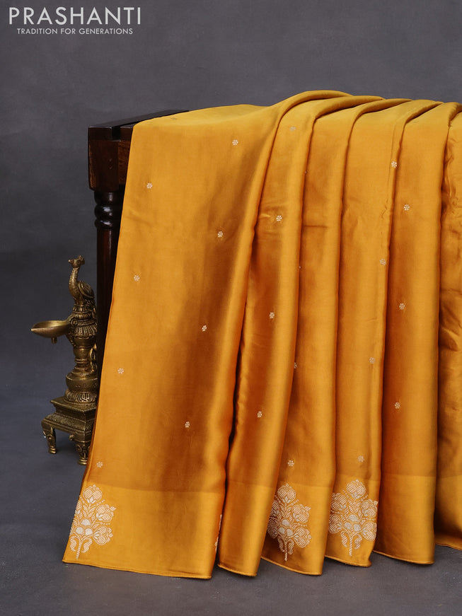 Mushru silk saree dark mustard with zari woven buttas and zari woven butta border