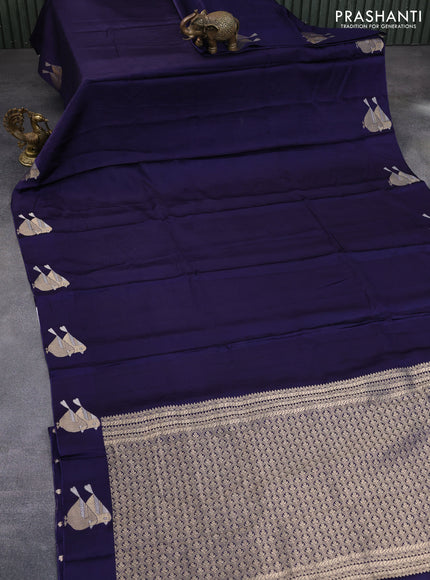 Mushru silk saree navy blue with allover self emboss and zari woven butta border