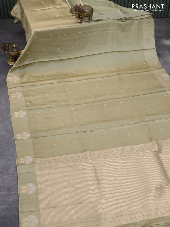 Mushru silk saree elaichi green with silver & gold zari woven buttas and zari woven butta border