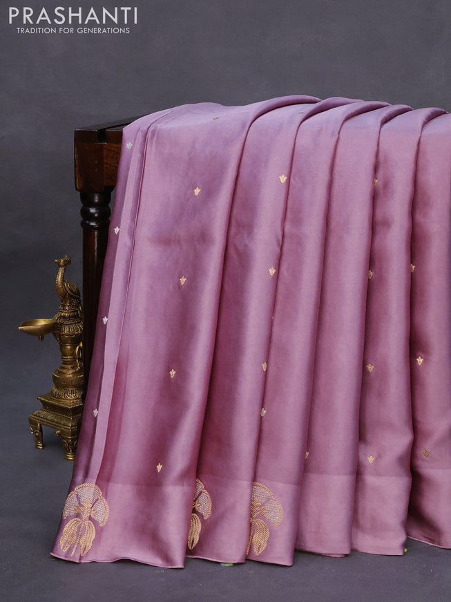 Mushru silk saree pastel purple with silver & gold zari woven buttas and zari woven butta border