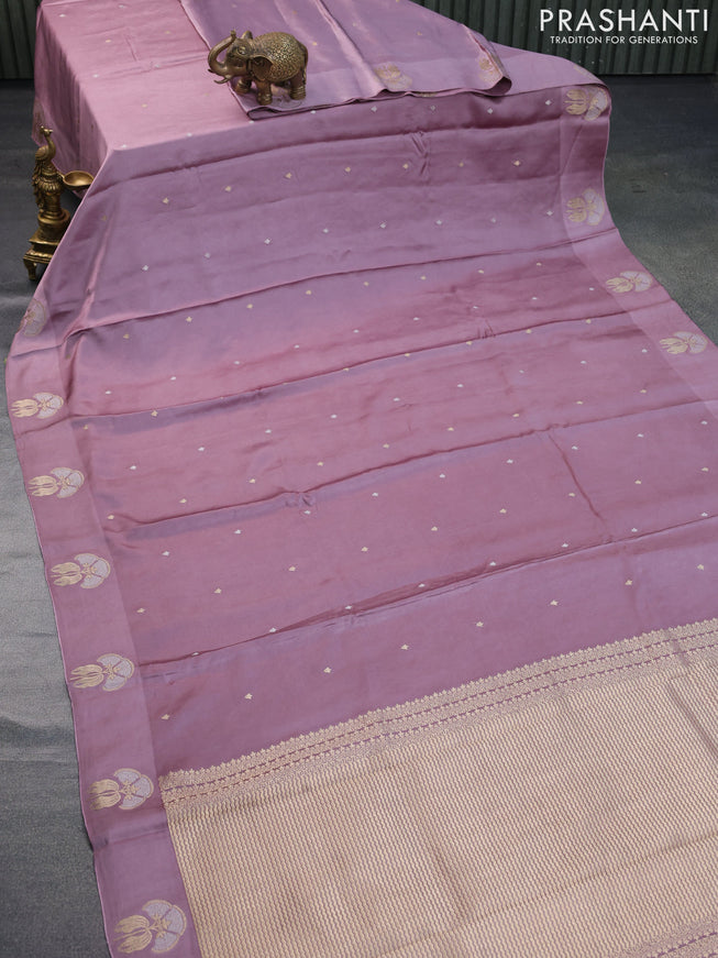 Mushru silk saree pastel purple with silver & gold zari woven buttas and zari woven butta border