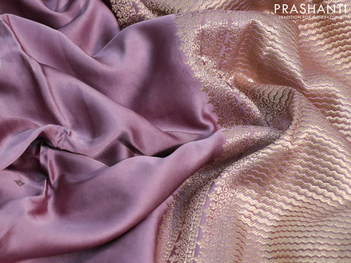 Mushru silk saree pastel purple with silver & gold zari woven buttas and zari woven butta border