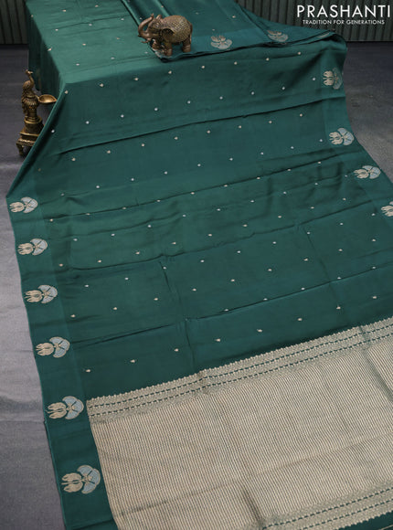 Mushru silk saree dark green with silver & gold zari woven buttas and zari woven butta border