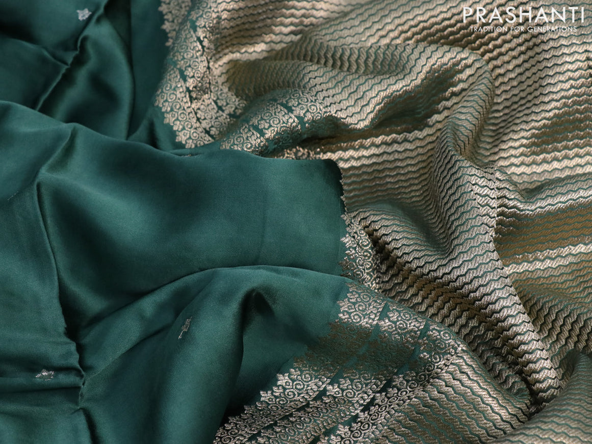 Mushru silk saree dark green with silver & gold zari woven buttas and zari woven butta border