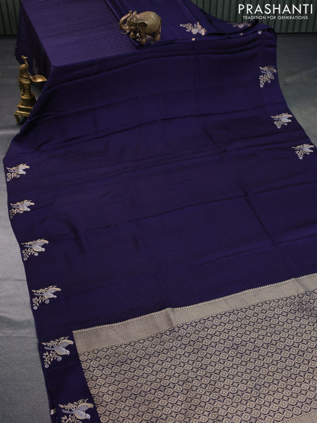 Mushru silk saree dark blue with allover self emboss and zari woven butta border