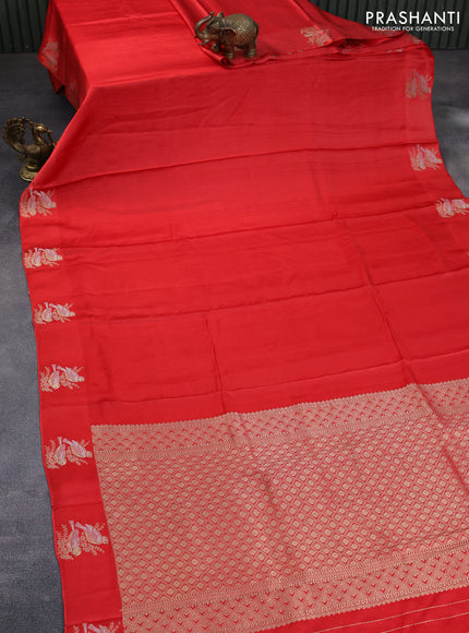 Mushru silk saree red with allover self emboss and zari woven butta border