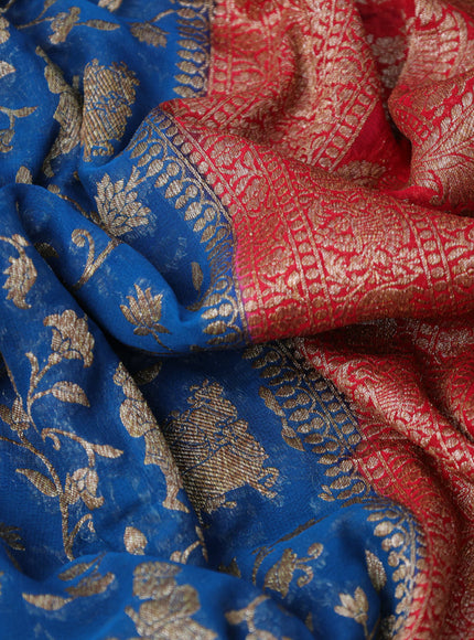 Banarasi georgette saree peacock green and red with allover thread & zari weaves and woven border