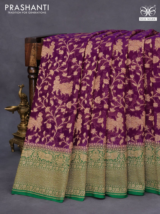 Banarasi georgette saree wine shade and green with allover thread & zari weaves and woven border