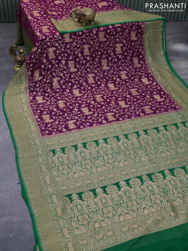 Banarasi georgette saree wine shade and green with allover thread & zari weaves and woven border