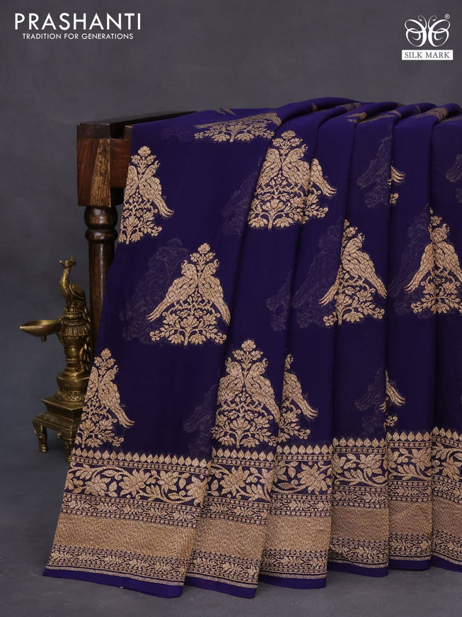 Banarasi georgette saree navy blue with thread & zari woven buttas and woven border