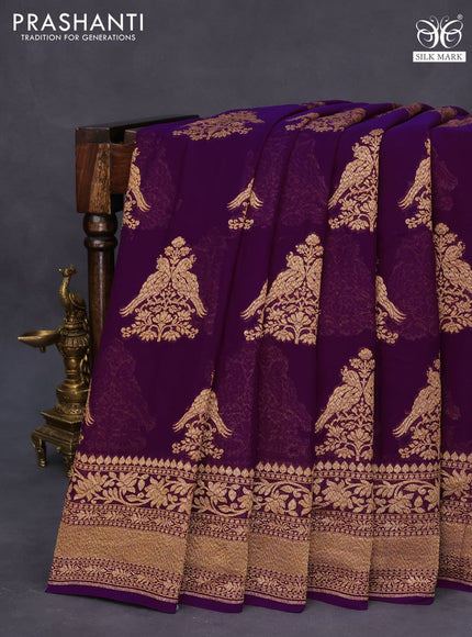 Banarasi georgette saree deep purple with thread & zari woven buttas and woven border