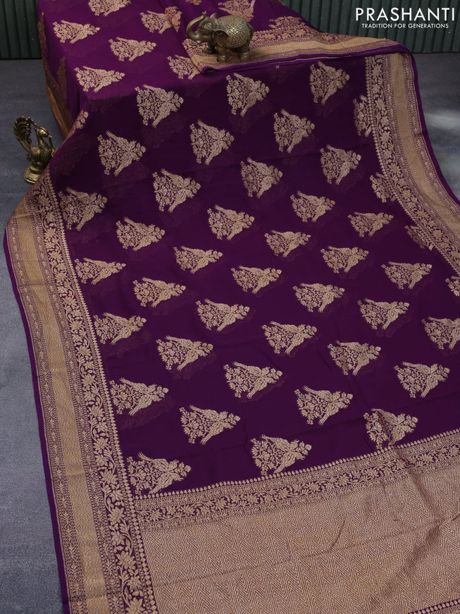 Banarasi georgette saree deep purple with thread & zari woven buttas and woven border