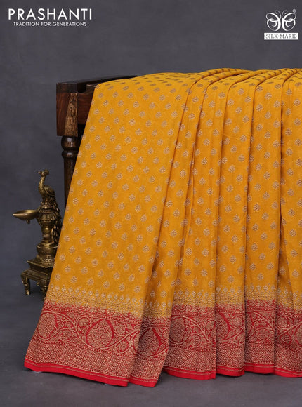 Banarasi georgette saree mustard yellow and red with allover thread & zari woven butta wevaes and woven border