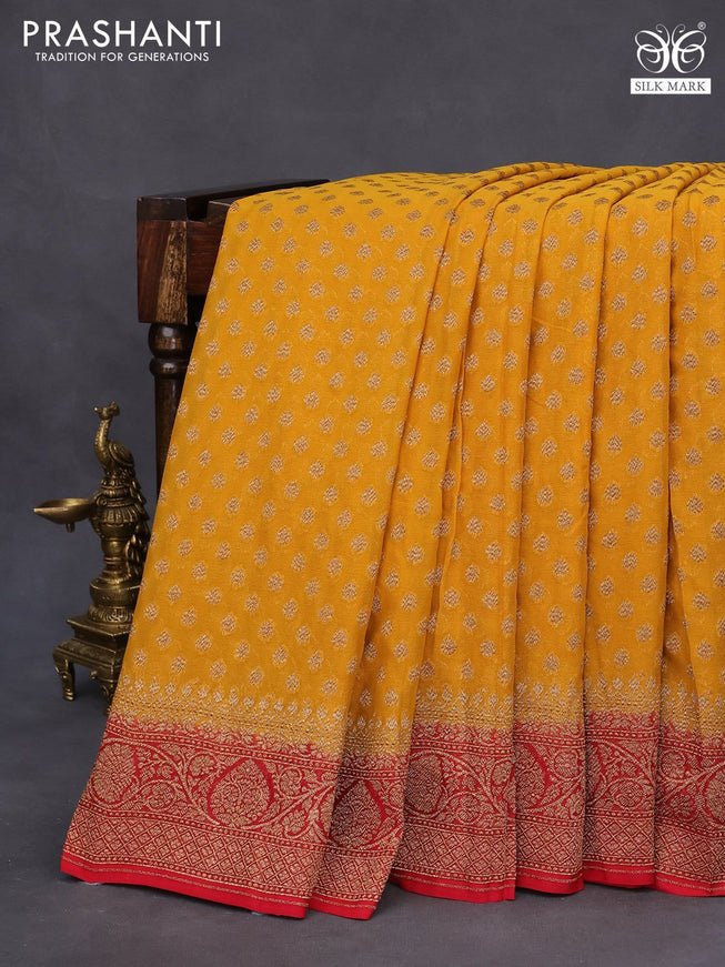 Banarasi georgette saree mustard yellow and red with allover thread & zari woven butta wevaes and woven border