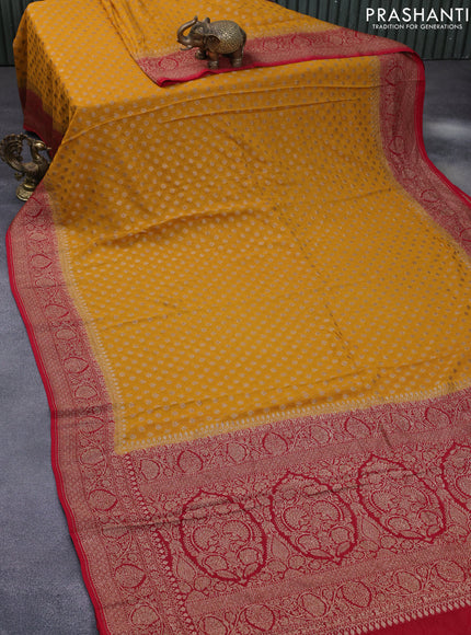 Banarasi georgette saree mustard yellow and red with allover thread & zari woven butta wevaes and woven border