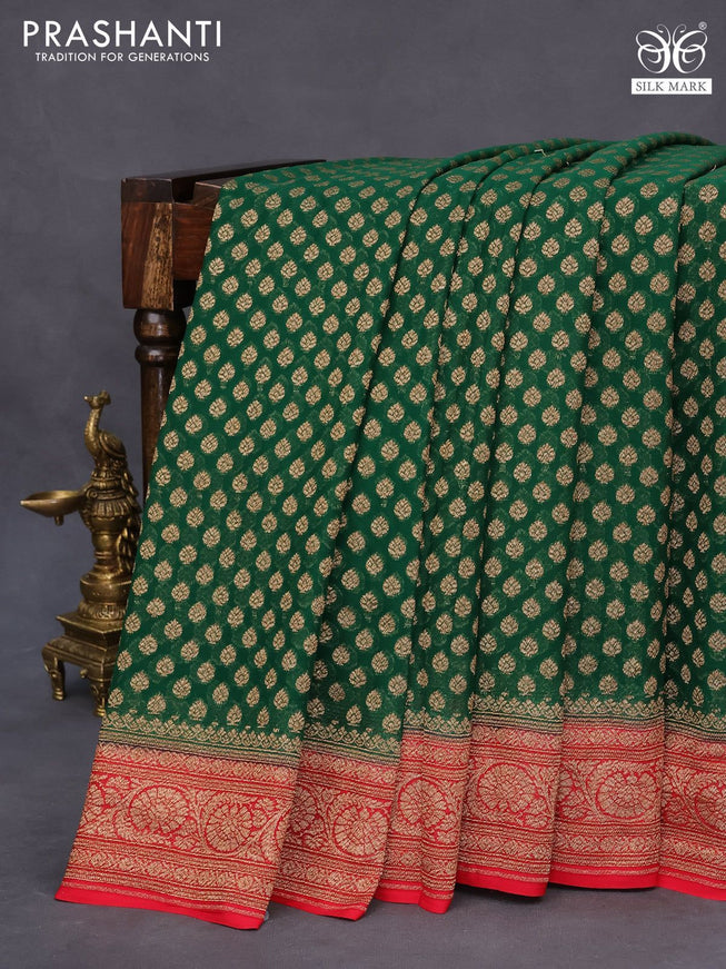 Banarasi georgette saree green and red with allover thread & zari woven butta wevaes and woven border