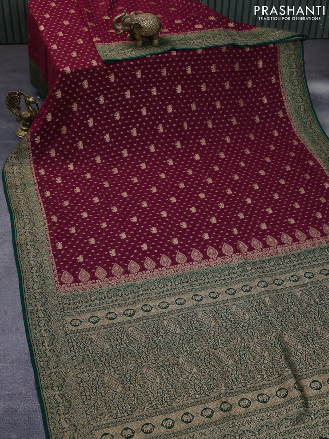 Banarasi georgette saree wine shade and green with allover thread & zari weaves and woven border