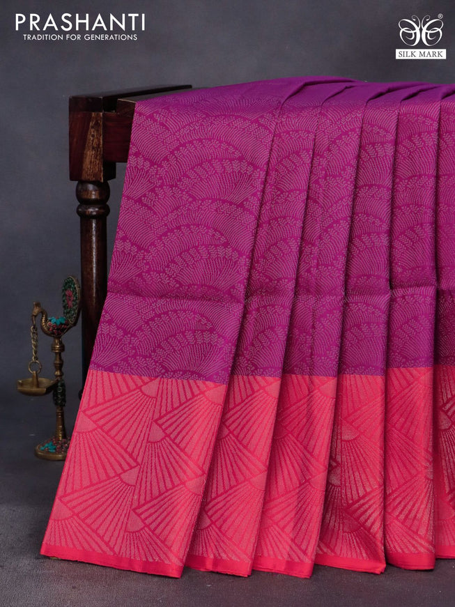 Pure soft silk saree purple and dual shade of pinkish orange with allover silver zari woven brocade weaves and silver zari woven border