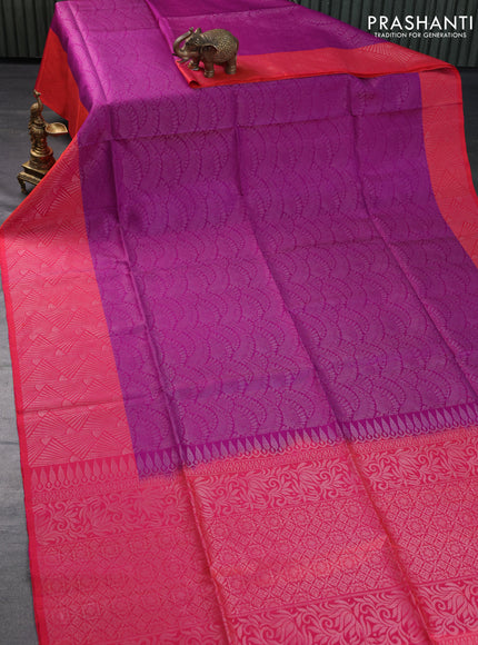 Pure soft silk saree purple and dual shade of pinkish orange with allover silver zari woven brocade weaves and silver zari woven border