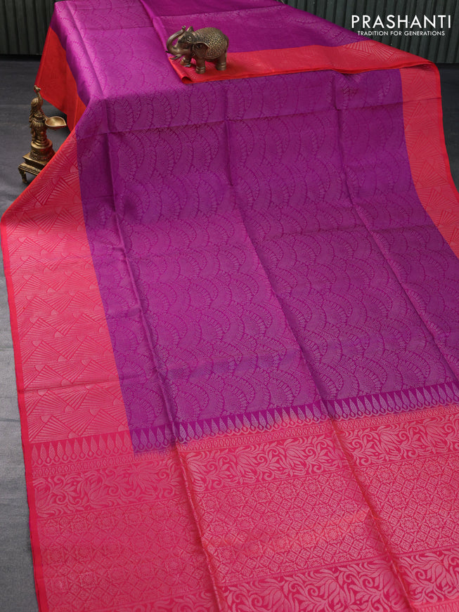 Pure soft silk saree purple and dual shade of pinkish orange with allover silver zari woven brocade weaves and silver zari woven border