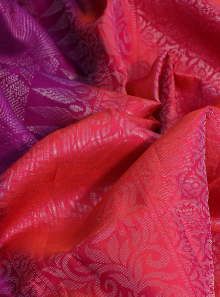 Pure soft silk saree purple and dual shade of pinkish orange with allover silver zari woven brocade weaves and silver zari woven border