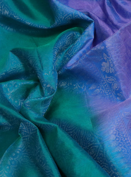 Pure soft silk saree dual shade of bluish green and dual shade of lavender with allover silver zari woven brocade weaves and silver zari woven border