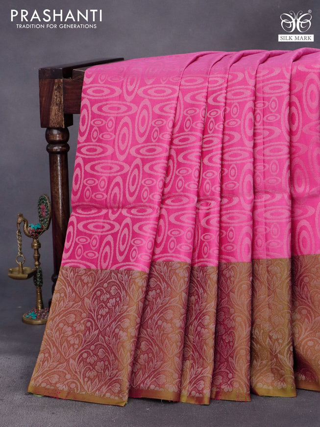 Pure soft silk saree pink and dual shade of greenish pink with allover silver zari woven brocade weaves and silver zari woven border