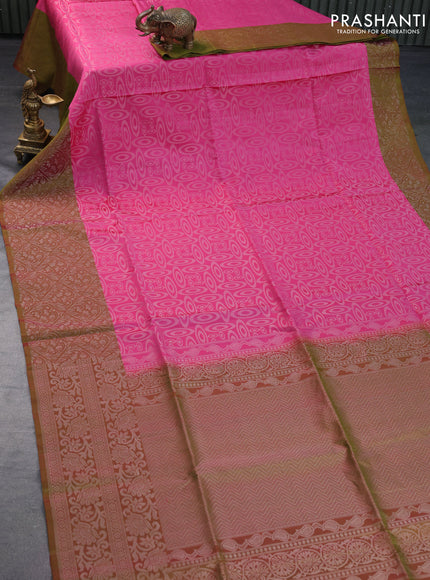 Pure soft silk saree pink and dual shade of greenish pink with allover silver zari woven brocade weaves and silver zari woven border