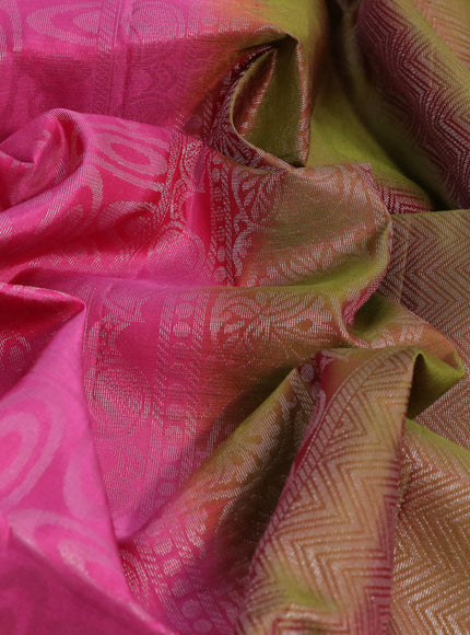 Pure soft silk saree pink and dual shade of greenish pink with allover silver zari woven brocade weaves and silver zari woven border