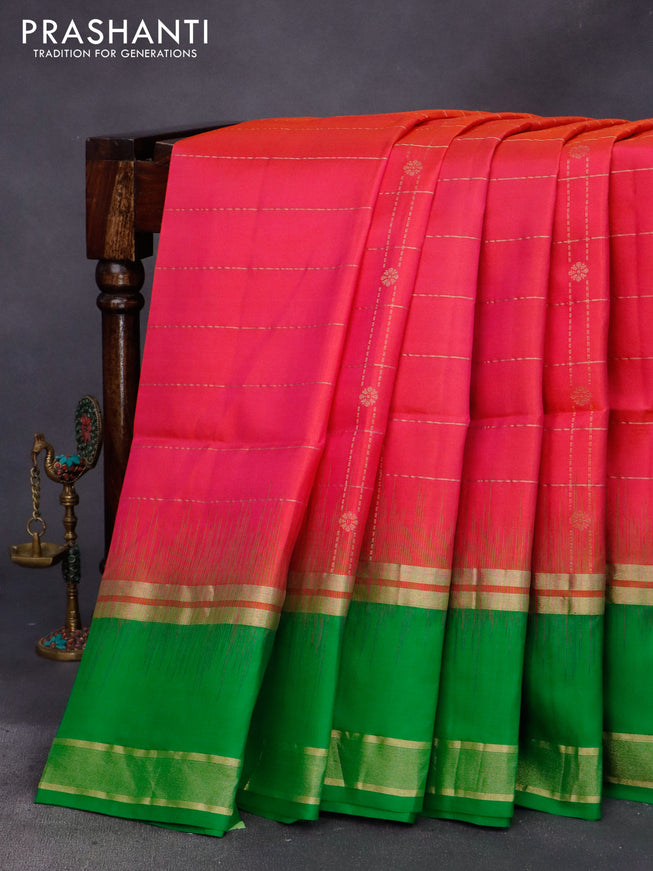 Pure soft silk saree dual shade of pink and green with allover zari checks & buttas and rettapet zari woven border