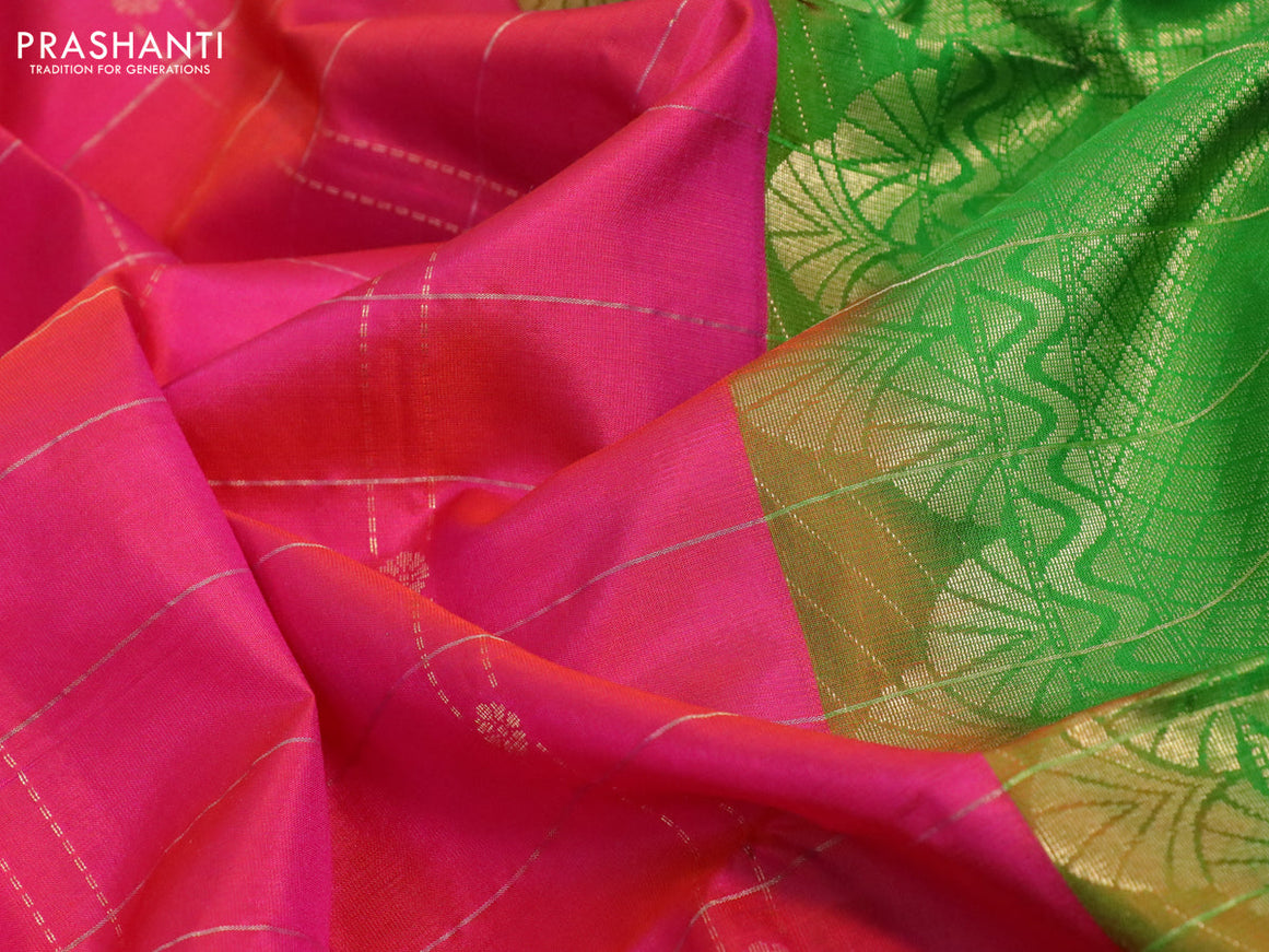 Pure soft silk saree dual shade of pink and green with allover zari checks & buttas and rettapet zari woven border