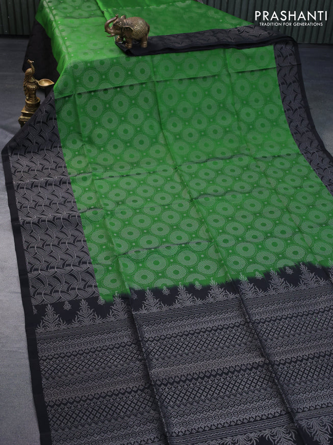 Pure soft silk saree green and black with allover silver zari woven brocade weaves and silver zari woven border