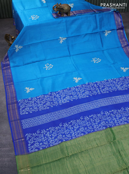 Munga tussar silk saree cs blue and blue with leaf butta prints and zari woven border