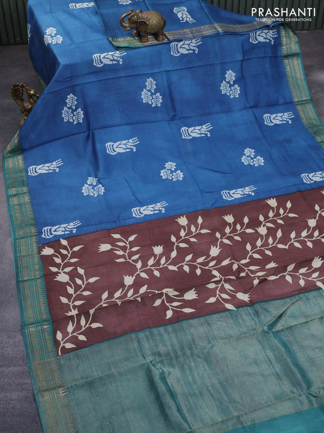 Munga tussar silk saree blue and green with butta prints and zari woven border