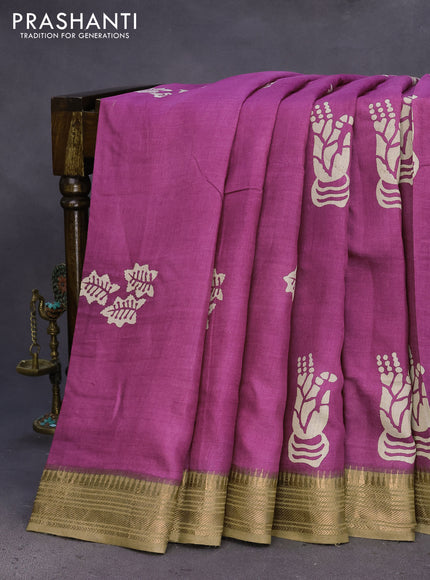 Munga tussar silk saree purple shade and beige with butta prints and zari woven border