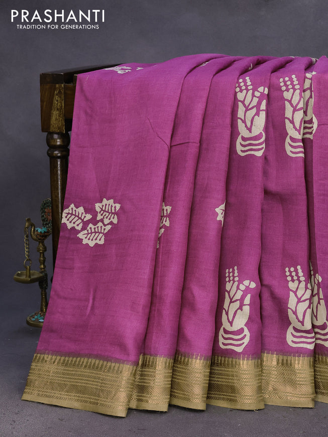 Munga tussar silk saree purple shade and beige with butta prints and zari woven border