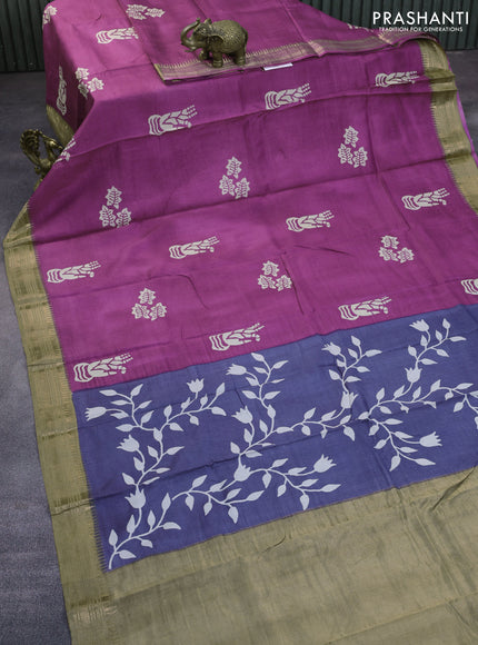 Munga tussar silk saree purple shade and beige with butta prints and zari woven border