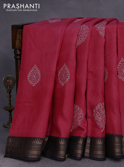 Munga tussar silk saree dark pink and black with butta prints and zari woven border