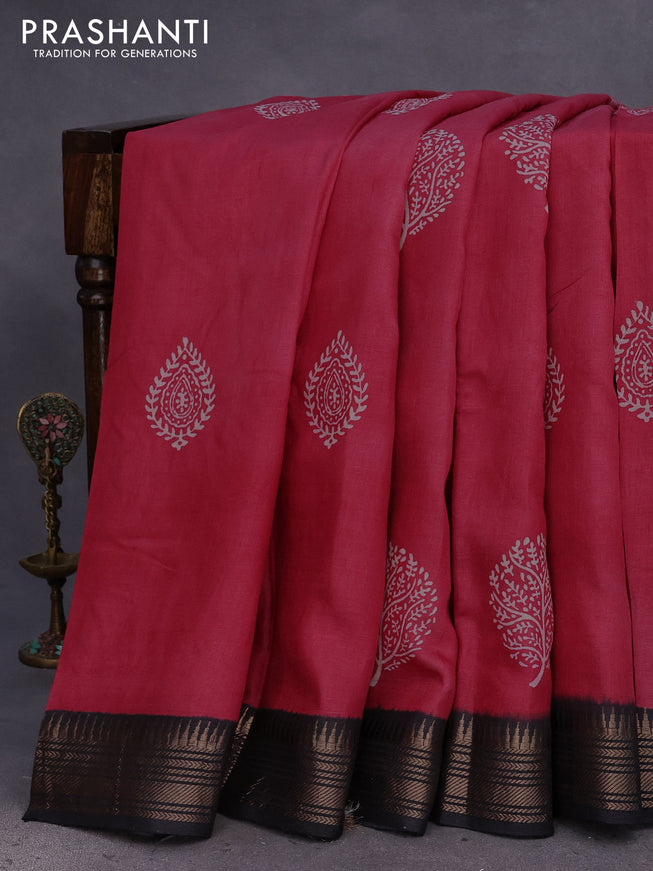 Munga tussar silk saree dark pink and black with butta prints and zari woven border