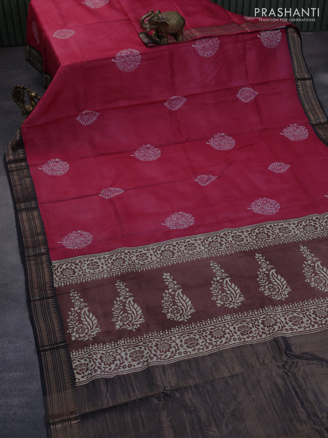 Munga tussar silk saree dark pink and black with butta prints and zari woven border