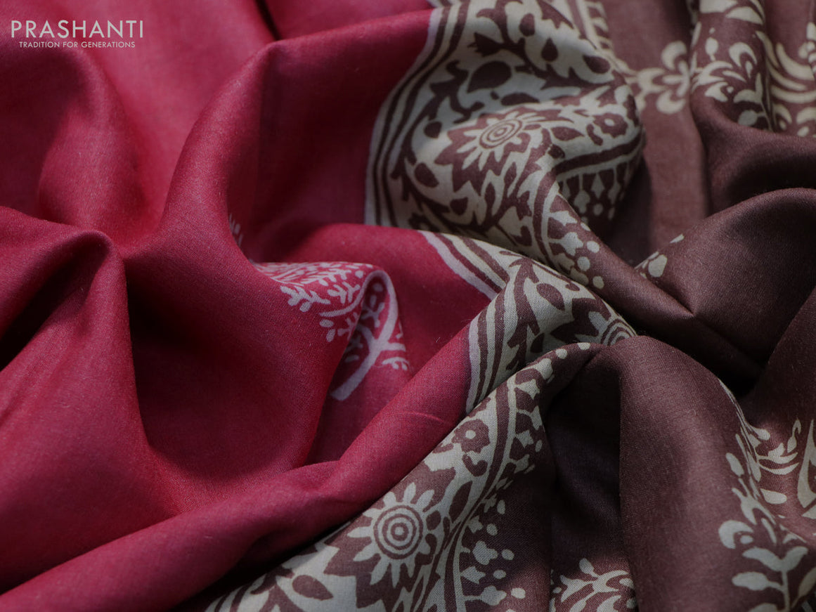 Munga tussar silk saree dark pink and black with butta prints and zari woven border