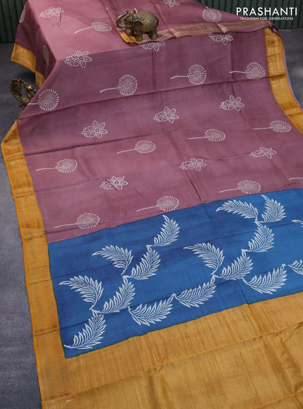 Munga tussar silk saree brown and mustard yellow with floral butta prints and zari woven border