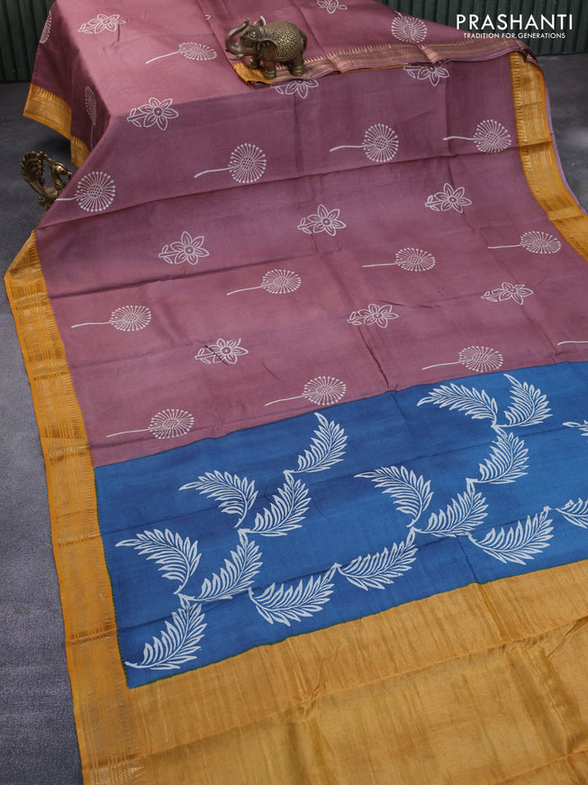 Munga tussar silk saree brown and mustard yellow with floral butta prints and zari woven border