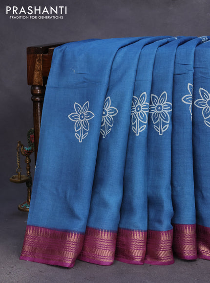 Munga tussar silk saree blue and purple with butta prints and zari woven border