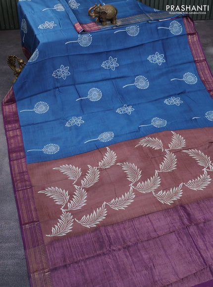 Munga tussar silk saree blue and purple with butta prints and zari woven border