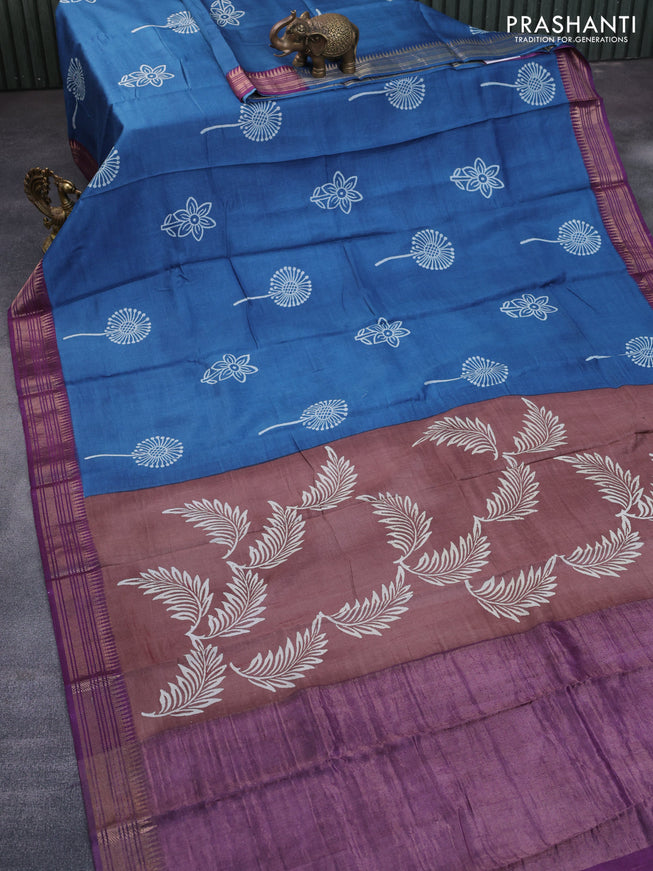 Munga tussar silk saree blue and purple with butta prints and zari woven border