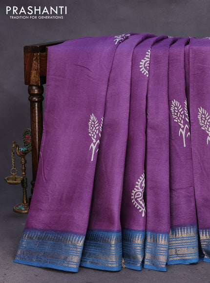 Munga tussar silk saree violet and cs blue with butta prints and zari woven border