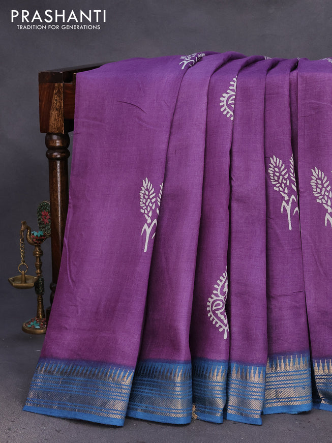 Munga tussar silk saree violet and cs blue with butta prints and zari woven border