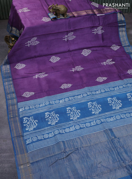 Munga tussar silk saree violet and cs blue with butta prints and zari woven border